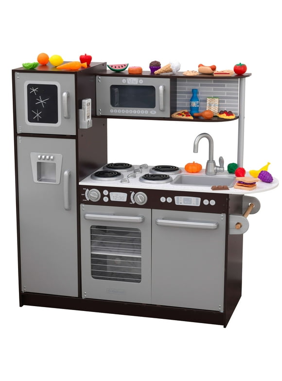 KidKraft Uptown Wooden 30-Piece Play Kitchen for Kids, Black and Silver