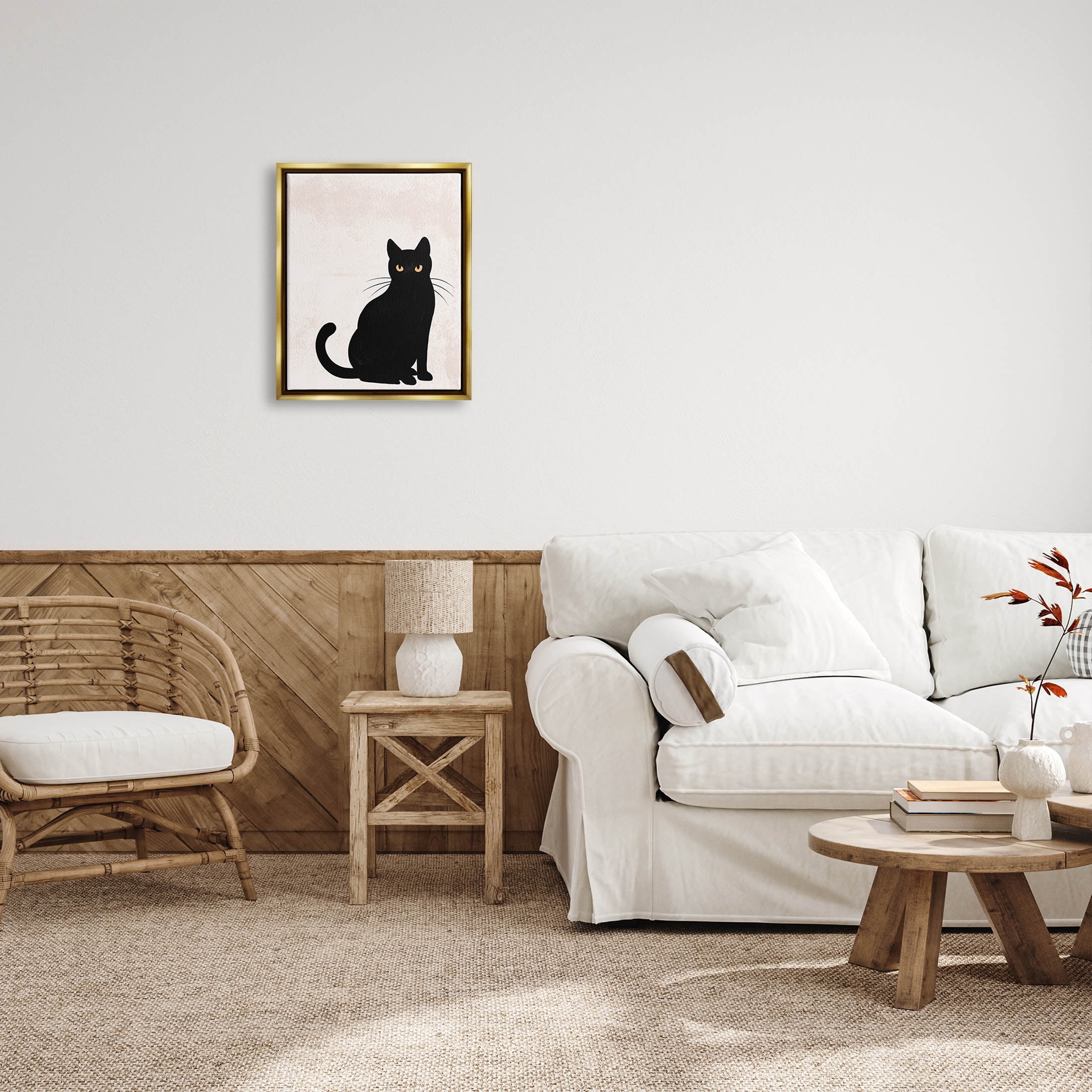 Stupell Industries Halloween Black Cat Silhouette Graphic Art Metallic Gold Floating Framed Canvas Print Wall Art, Design by Jo Taylor