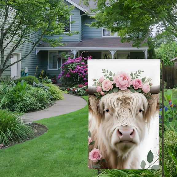 Spring Summer Garden Flag Double Sided Highland Cow Flower Welcome Yard House Outside Outdoor Decoration,12*18 inch