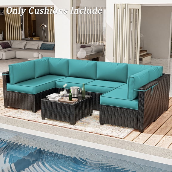 Snubbull Outdoor Replacement Cushions for Patio Furniture, 4" Foam High-Density, 14-Piece Water-Resistant Outdoor Cushion for 6-Seat Sectional Patio Conversation Sets, Liner&Cover, Lake Blue