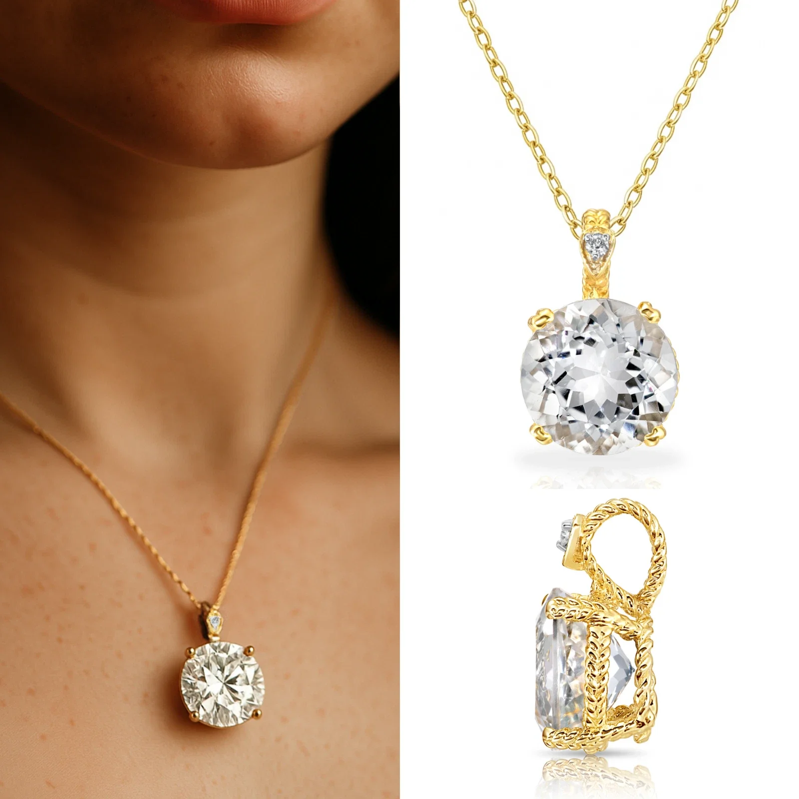Tilo Jewelry 14K Yellow Gold 5 Carat Quartz Gemstone Solitaire Pendant Necklace with Diamond Accents for Women & Unisex | 18 Inch Cable Chain
