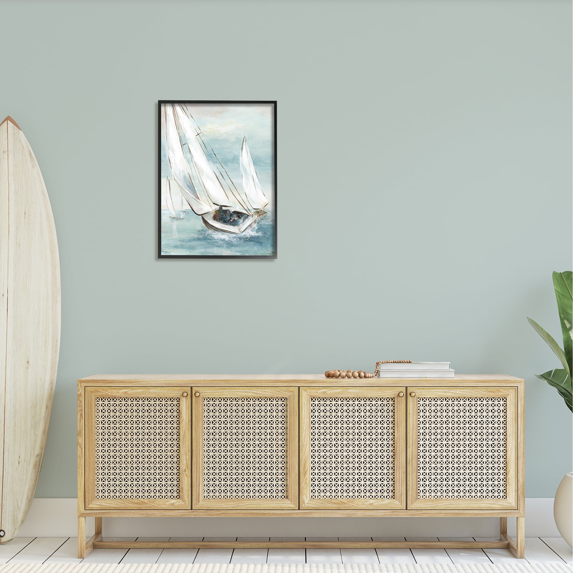 Stupell Industries Sailboat Watercraft Sailing Water Splashing Ocean Waves Paintings Black Framed Art Print Wall Art, 24x30, by Nan