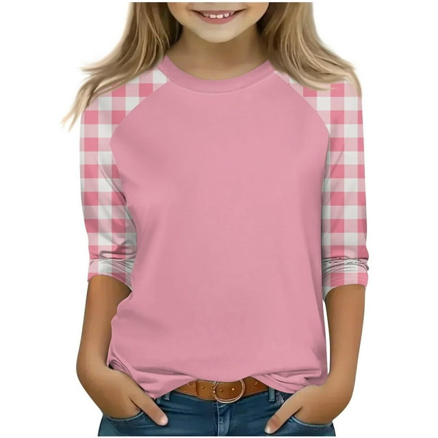 SERTG T-Shirt Mode Enfant Col Rond Manches 3/4 Imprimé Col Rond pour Été et Printemps 4-15 Ans (Rose2,5 Ans)