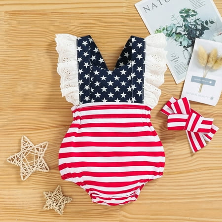 

Infant Girls Lace Fly Sleeve Independence Day Stars Striped Printed Romper 4th Of July Newborn Backless Bodysuits Headbands