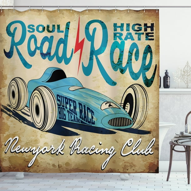 Cars Shower Curtain New York Racing Club Race Car From Twenties Road Team Old School Cool Design Fabric Bathroom Set With Hooks 69w X 75l Inches Long Aqua Sand Brown By Racing Club Race Car, Race Car Shower Curtain