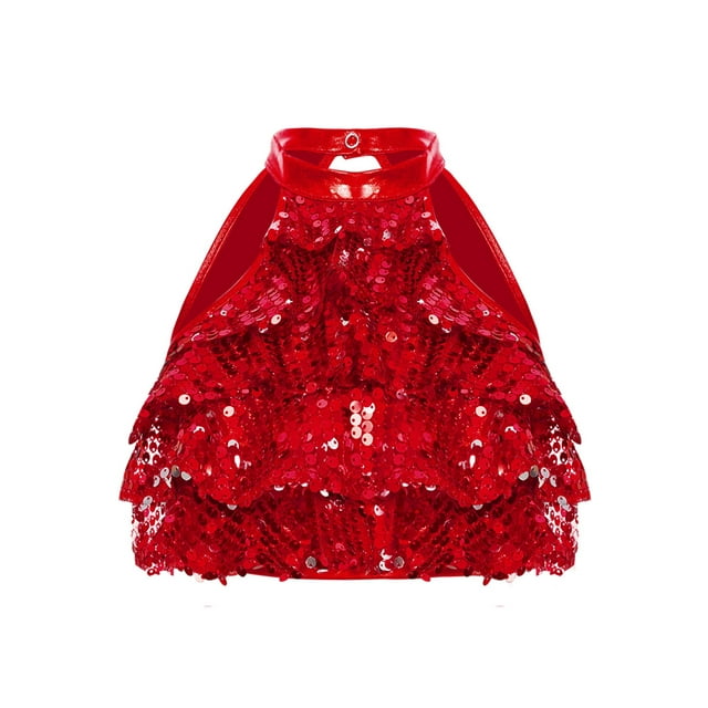 Yeahdor Enfants Filles Paillettes Brillantes Licou Hip Hop Jazz Latin Salsa Samba Rumba Ballet Danse Crop Top Performance Danse Rouge 8