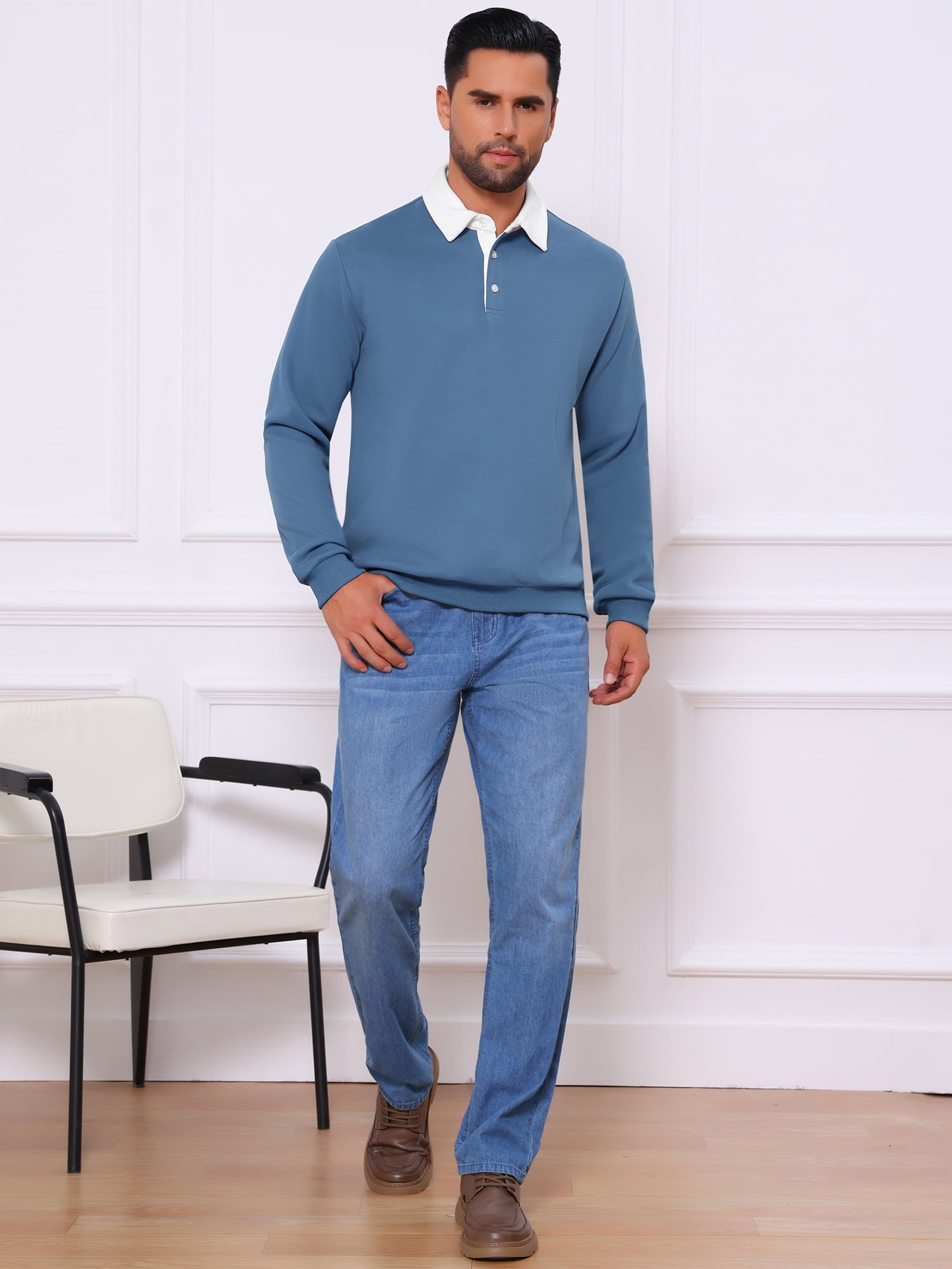 DARING DIVA Men's Contrast Collared Long Sleeves Pullover Polo Sweatshirt XL Blue