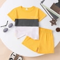 thumbnail image 2 of WUANDIXFA Toddler Kid Boy Clothes Colorblock Letter Graphic Tee Shorts 2PC Summer Outfit Set (Yellow, 3-4 Years), 2 of 7