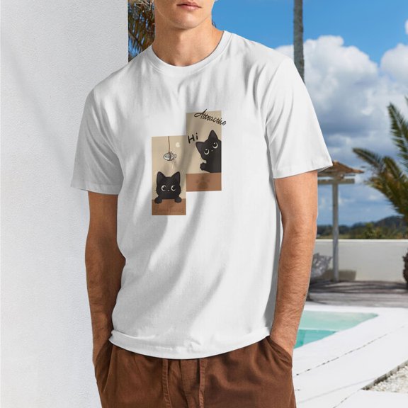 Men's Cat Portrait Illustration Graphic T-Shirt, Cotton Blend Crewneck Short Sleeve Casual Tee