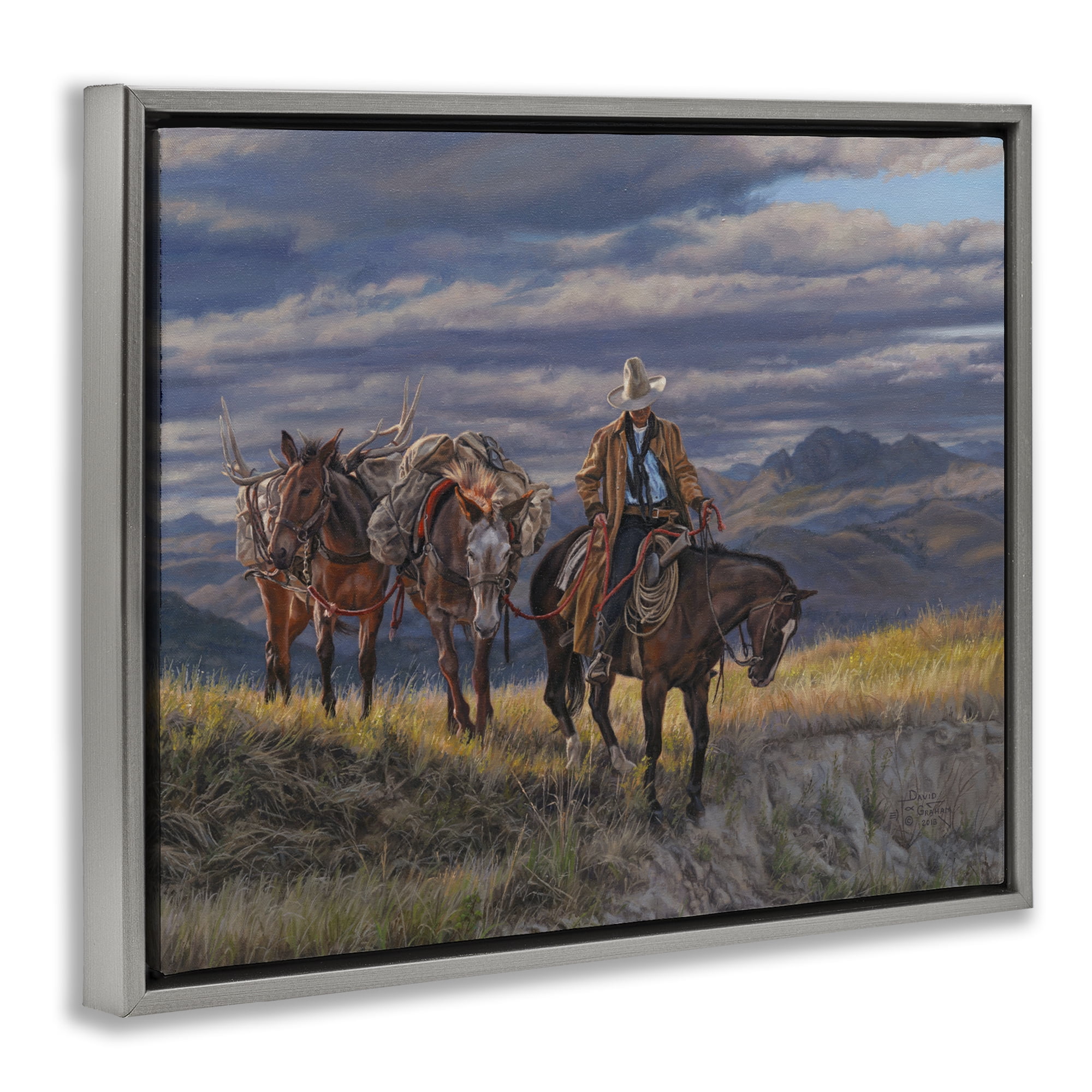 Stupell Industries Sauntering Cowboy & Horses Landscape Painting Gray Floater Framed Canvas Art Print Wall Art, 21 x 17