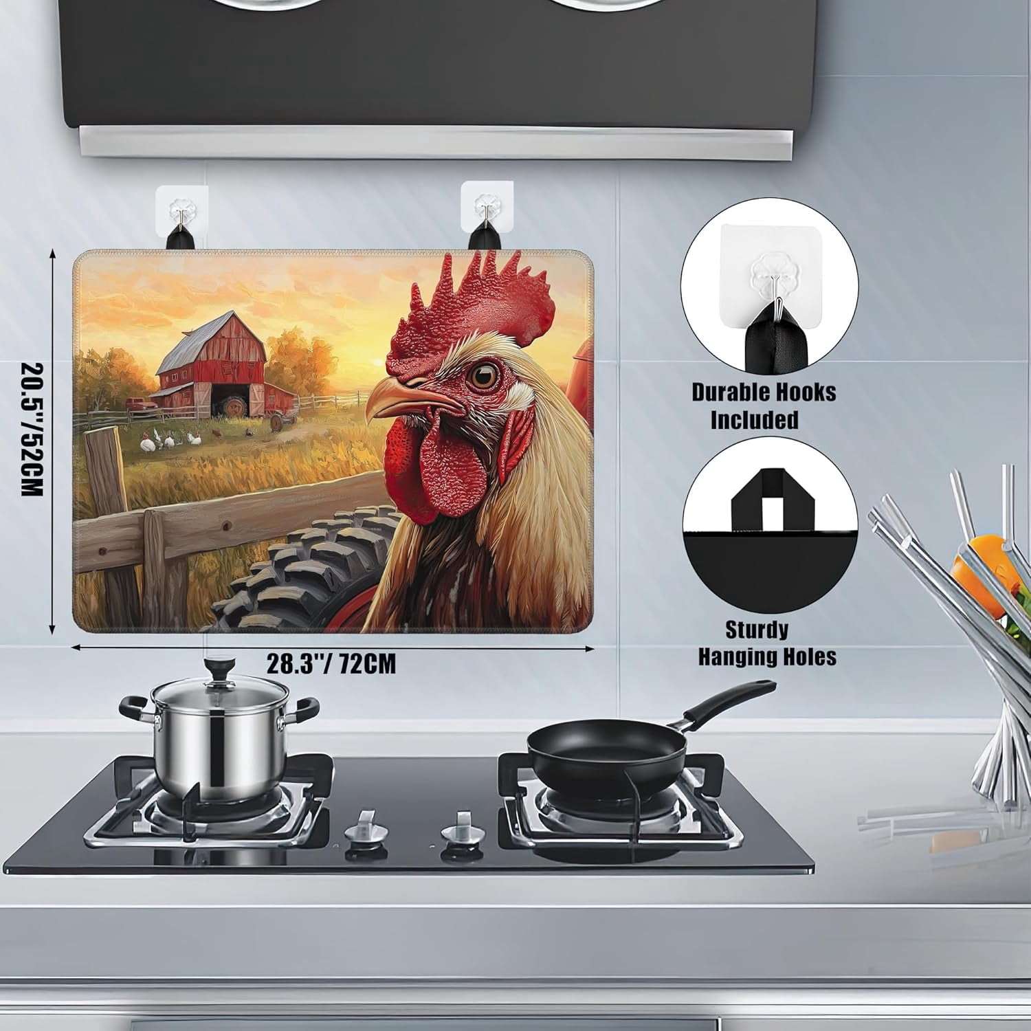 Rustic Rooster Glass Top Stove Cover Protector,Watercolor Farm Stove Top Covers for Electric Stove,Washable Heat Resistant Cooktop Mat Anti-Slip Range Covers, 28 x 20 Inch