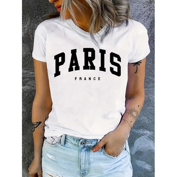Paris Print T-shirt, Short Sleeve Crew Neck Casual Top For Summer & Spring, Women's Clothing Tee For adult, Men, Women, Teen, Teenager, adolescent, Youth