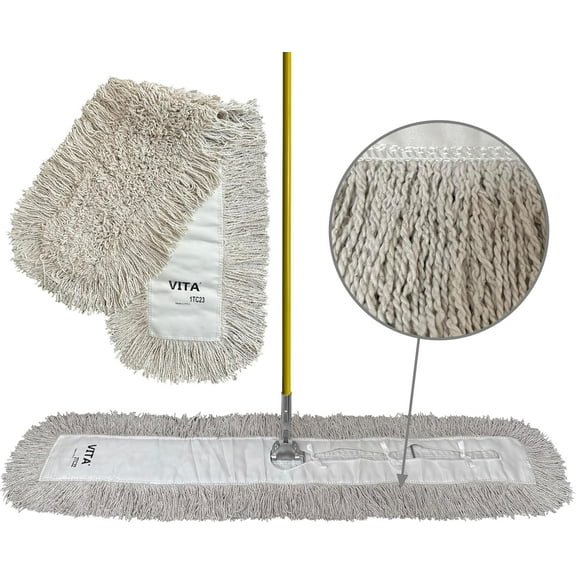 Industrial Dust Mop Kit – Includes 5 Inch Wide Closed Loop Mop Head, Fiberglass Handle, and Heavy-Duty Wire Frame – Commercial Grade - White 48 Inch
