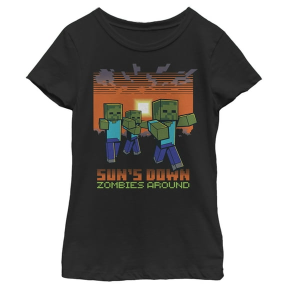 Girl's Minecraft Sun's Down Zombies Around  Graphic Tee Black Small