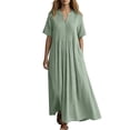 thumbnail image 2 of IUYRTFE Women's V Neck Short Sleeve Maxi Dress Cotton Linen Loose Fit Summer Casual Long Vacation Dress, 2 of 6