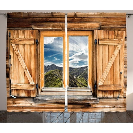 Apartment Decor Curtains 2 Panels Set, Mountain And Sky View From A Wooden Shuttered Window Room On Top Of The Hills Nature Look, Living Room Bedroom Accessories, By Ambesonne