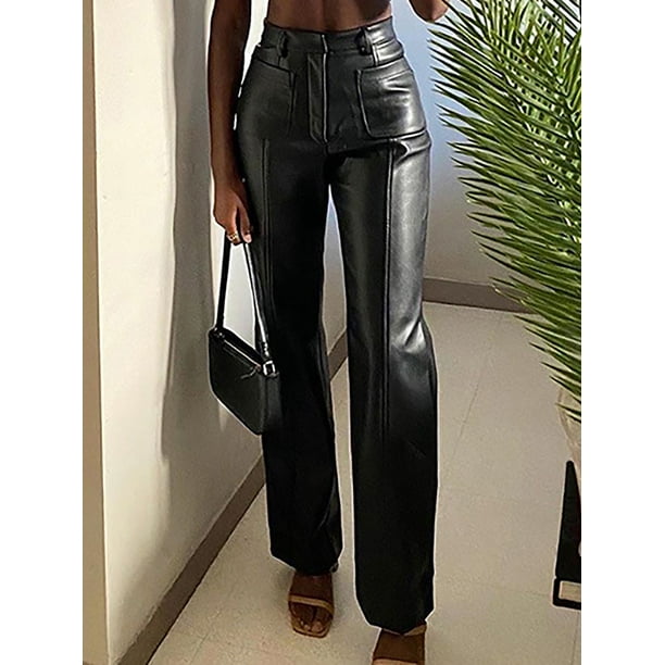 Black Faux PU Leather Flare Pants For Women High Waist Skinny