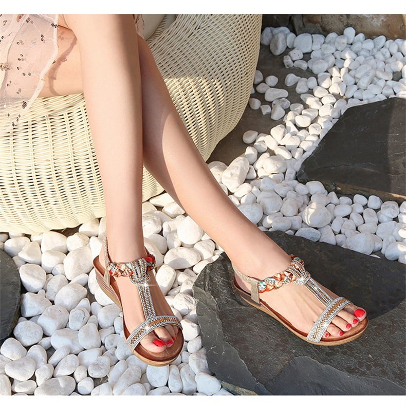 Women Wedges Sandals Ladies Summer Casual Rhinestone Glitter Peep Toe Low Heel Wedges Zip Up sandals Dressy Shoes 