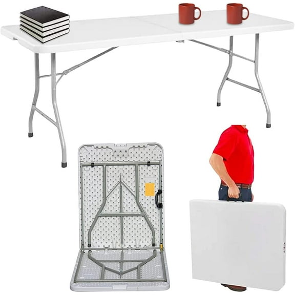 New Home Era 6 ft Plastic Folding Table for Picnics, Parties, and Camping - Convenient Carrying Handle and Bi-Fold Design - Lightweight and Durable - Pack of 2
