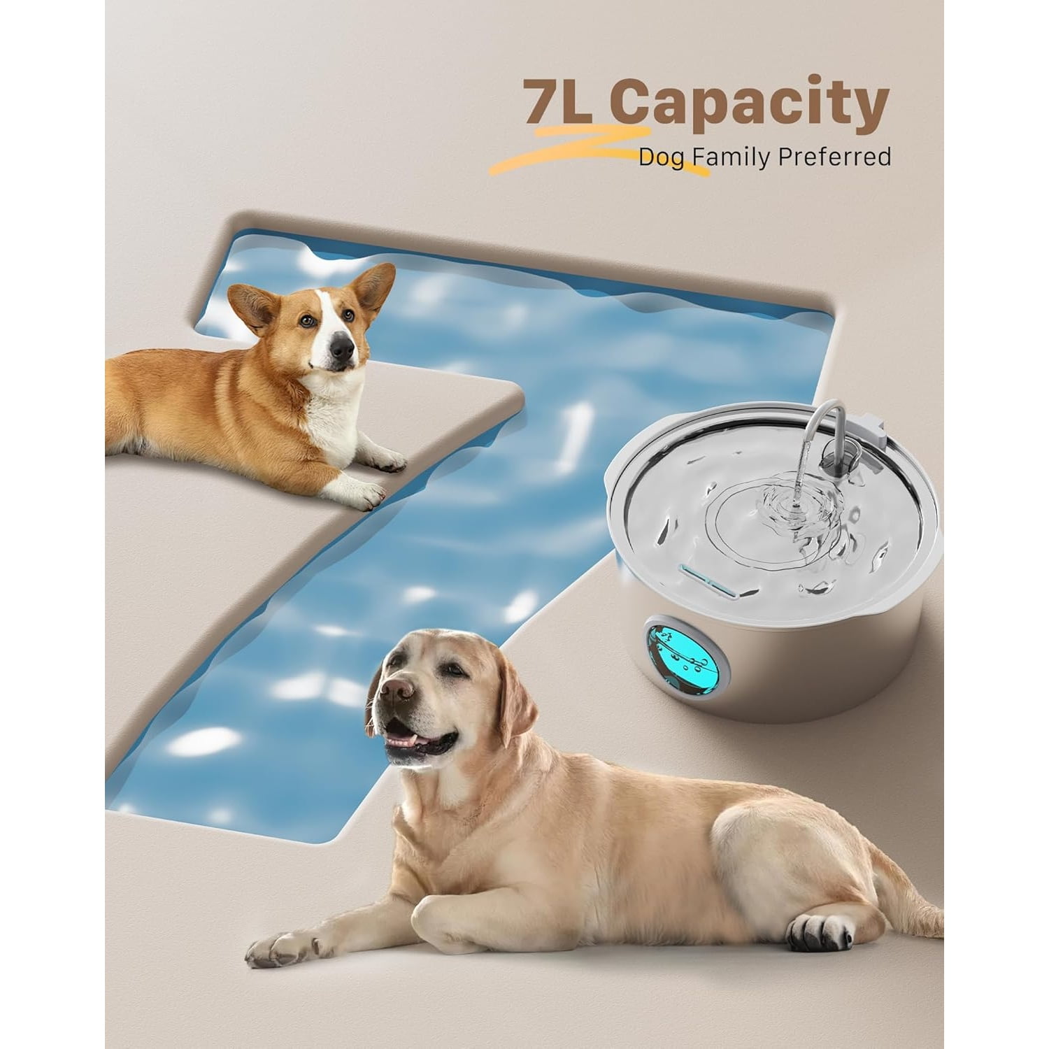 Dog Water Fountain for Large Dogs: 7L/236oz/1.8G Dog Fountain Stainless Steel - Big Cat Drinking Fountain Indoor - Super Quiet Water Fountain for Dogs Inside - for Large Dog Cats & Multi-Pet Home