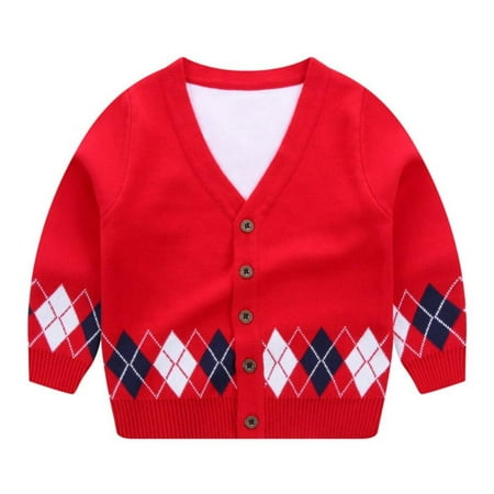 

Autumn Winter Kids Cardigan Sweater Boys Girls Knitted Sweater Diamond Pattern V-Neck Button down Cardigan Coat Outwear 2-8Y