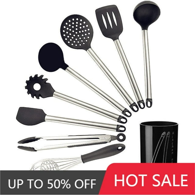 Silicone Kitchenware Stainless Steel Handle 8pcs Food Grade High Temperature Resistant Cooking Scoop Storage Bucket Spatula set