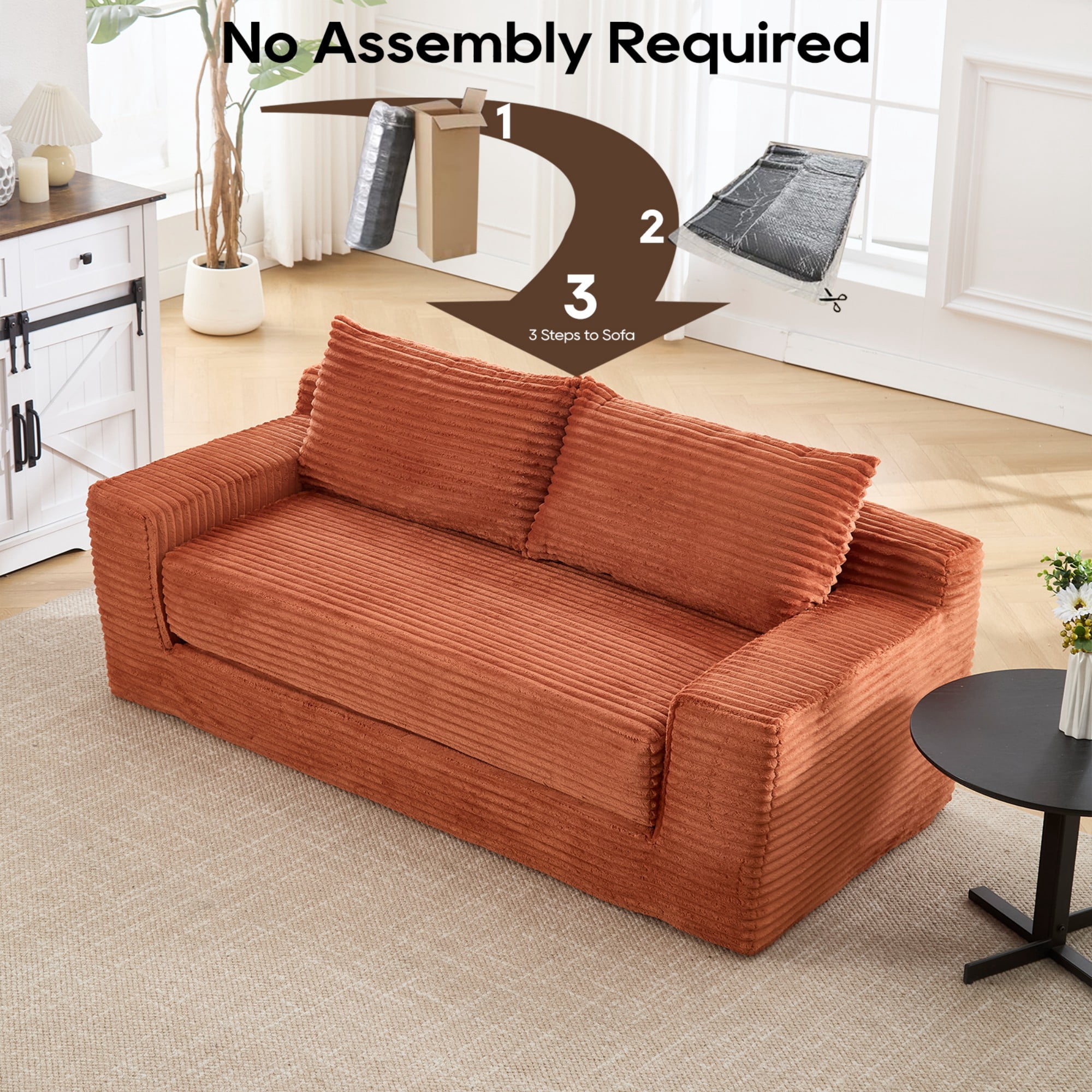 Convertible Sofa Bed,Compression Sofa,Corduroy Fabric Loveseat Sofa Floor Sofa Bed for Small Spaces, Apartments,No Assembly,Orange