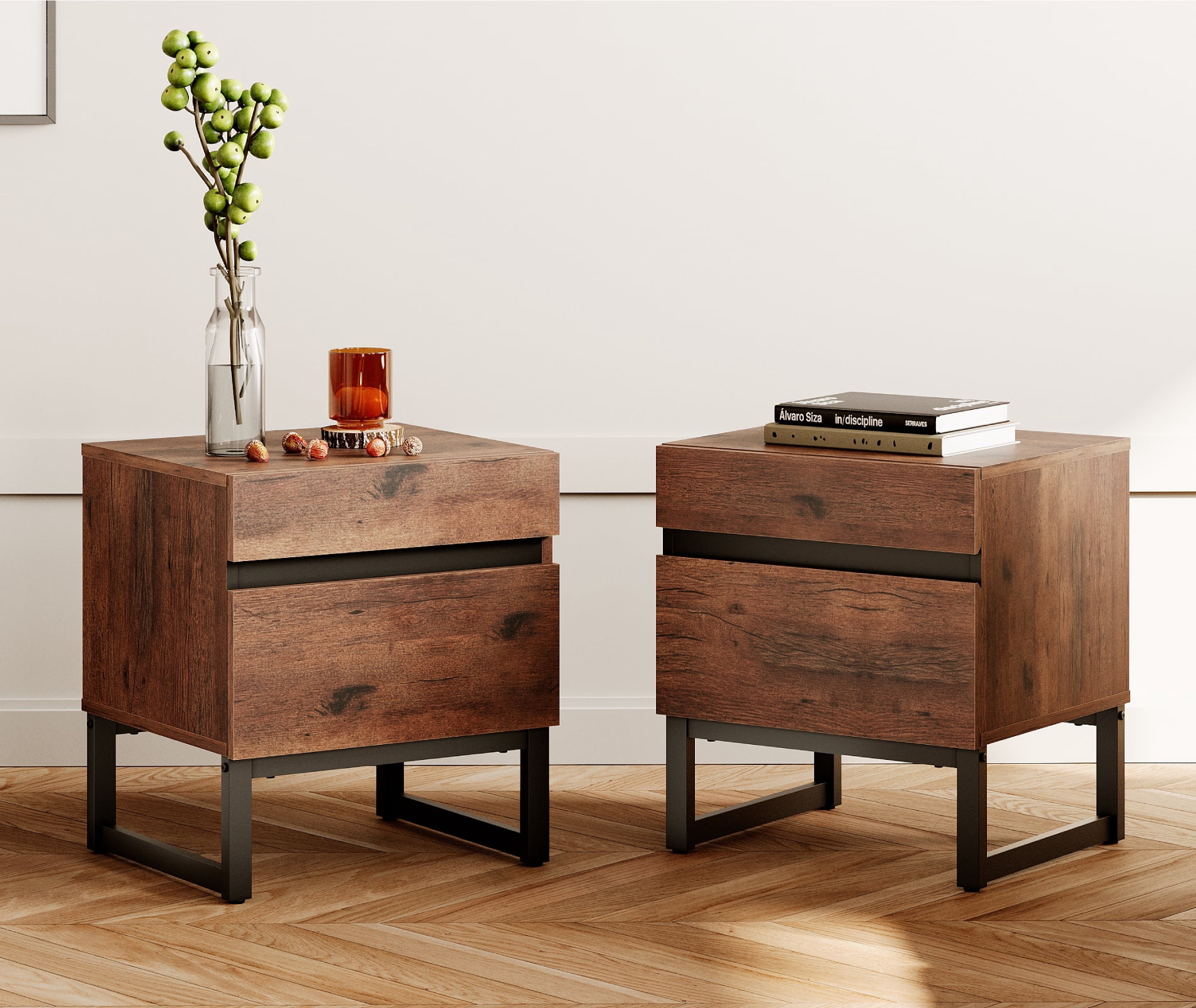 WAMPAT Modern 2 Pack End Tables With 2 Drawers - Compact Sofa Side Table & Nightstand For Living Room & Bedroom