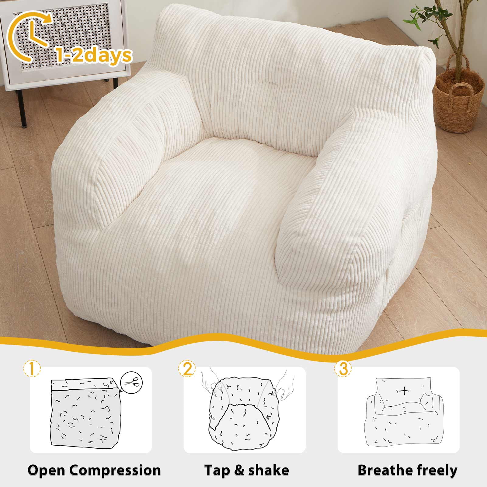 GOODONE Giant Bean Bag Chairs for Adults,Big Comfy Chair Sofa for Bedroom Living Room, Large Lazy Bean Bag Chair with Pocket Armrests for Gaming, Reading,Beige,L
