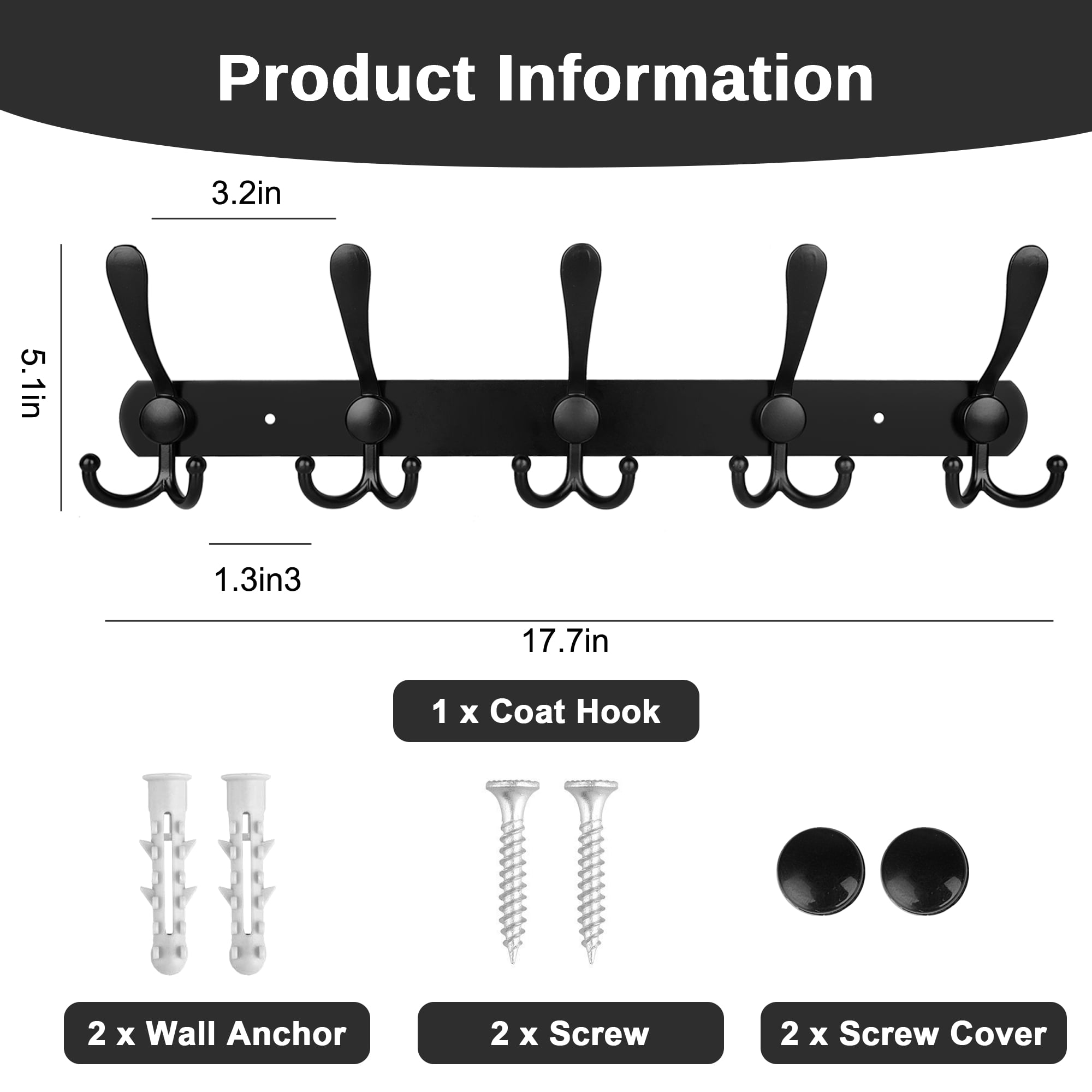 EEEkit Wall Mounted Coat Rack Stainless Steel, 15 Hooks, 18" Black, Limited to 33lb
