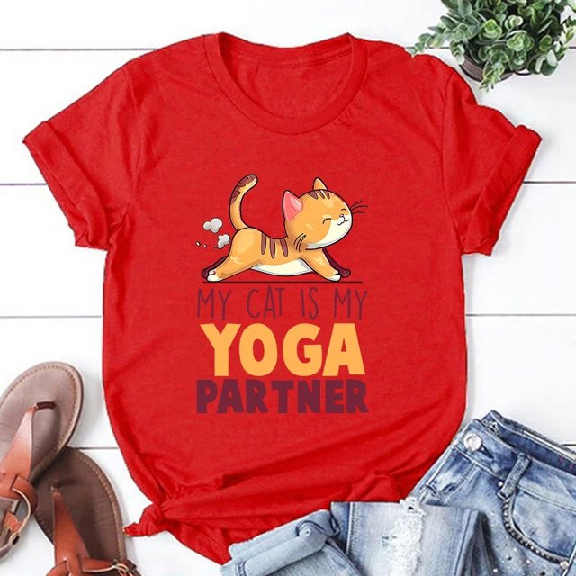 Mon Chat Est Mon Partenaire de Yoga T-Shirt Imprimé Femmes Hommes Été Décontracté Manches Courtes Col Rond Hauts Mode T-Shirts HM374-Rouge TTG