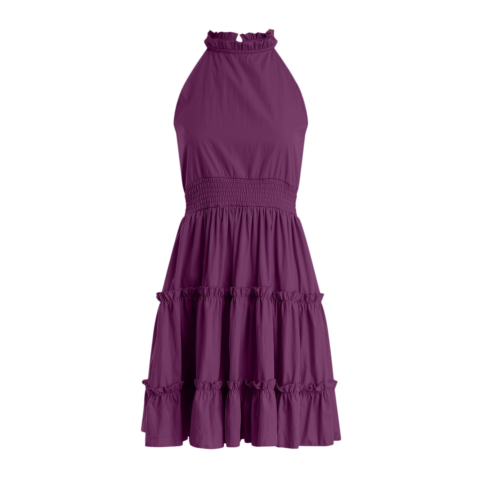 Faraee Girl's Halter Neck Sleeveless Summer Dress Smocked Waist A-line Sundress Tulle Mini Swing Pleated Skirt with 3 Layers Purple 6-7 Years