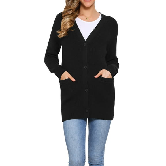 Long Cardigan Sweaters for Women Button Down Open Front Knit Cardigan Casual Outfits with Pockets XS Black