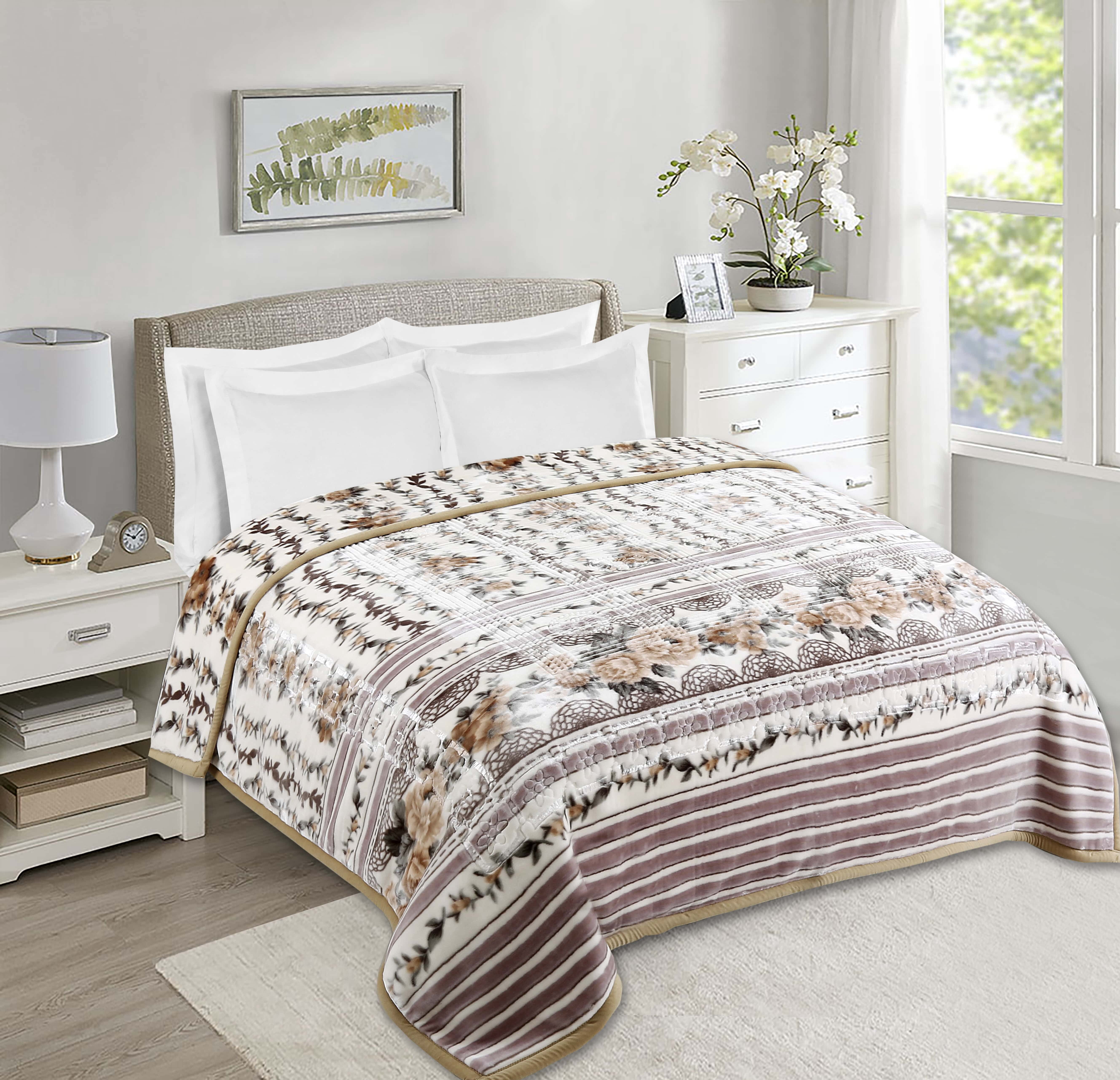 Lammaloe King Size Korean Mink Fleece Blanket, 12 lbs, 87" x 94", Heavy 2-Ply Warm Heavyweight Raschel Bed Blankets, Reversible Printed, Beige Floral