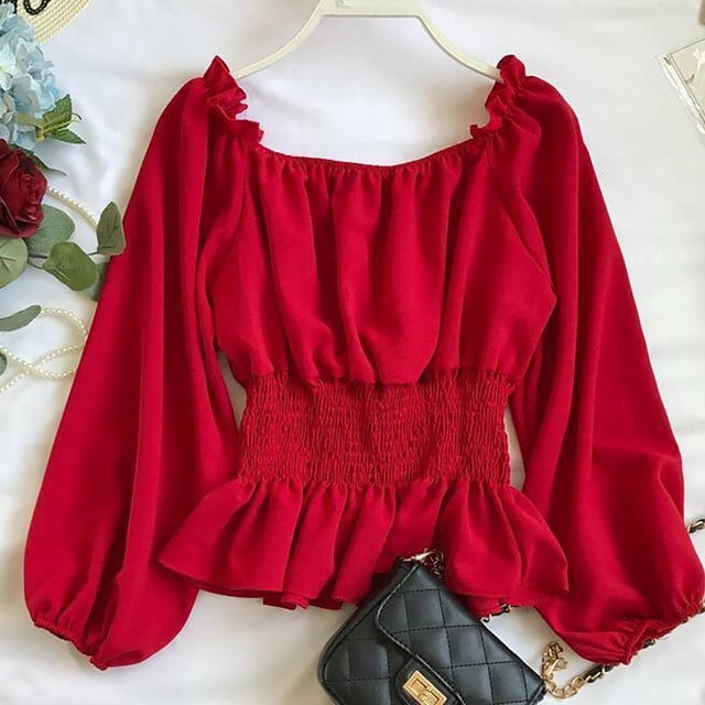 Camisa de gasa Mujer Blusa de color sólido Manga larga con hombros descubiertos Top corto Methold AP001665-01