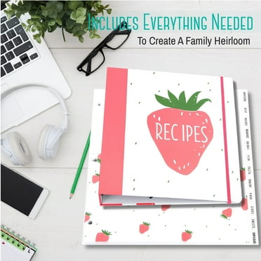 Outshine Strawberry Recipe Book Binder Set | Recipe Binder 8.5x11 3 Ring with Cards and Dividers