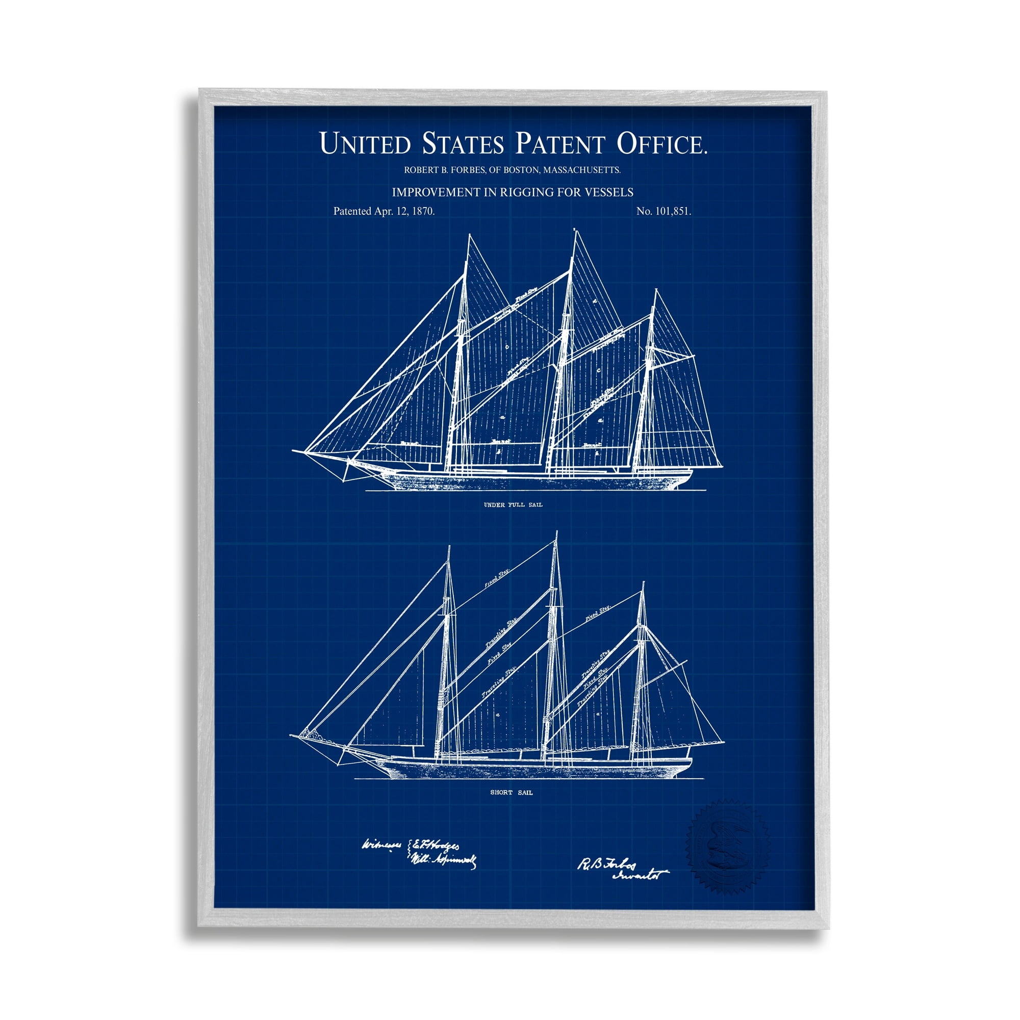 Stupell Industries Blue Ship Boat Diagram Detailed Blueprint Patent Design Framed Wall Art, 16 x 20, Design by Karl Hronek