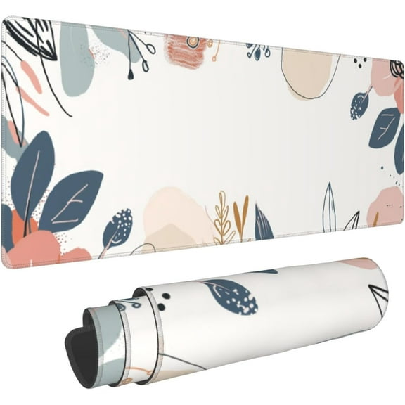 Boho Flowers Leaves Gaming Mouse Pad, Abstract Art Design Waterproof and Non-Slip Mousepad, Extended XL 31.5 x 11.8inches Desk Mat, 3mm Thick Rubber Base Desk Pad for Office Home