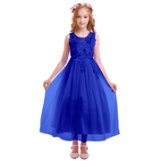 IBTOM CASTLE Little Big Girls Flower Tulle Dress Princess Pageant Wedding Birthday Party Formal Long Dance Evening Maxi Gown 13-14 Years Royal Blue