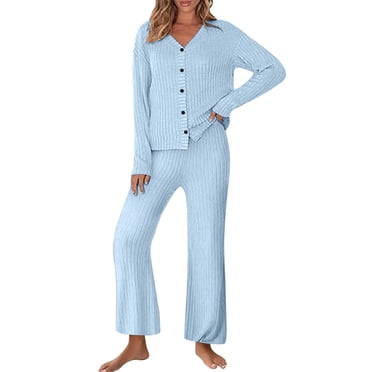 Womens Sweater Set 2 Piece Outfits Button Down V Neck Knit Cardigan Tops Wide Leg Pants Fall Soft Lounge Sets