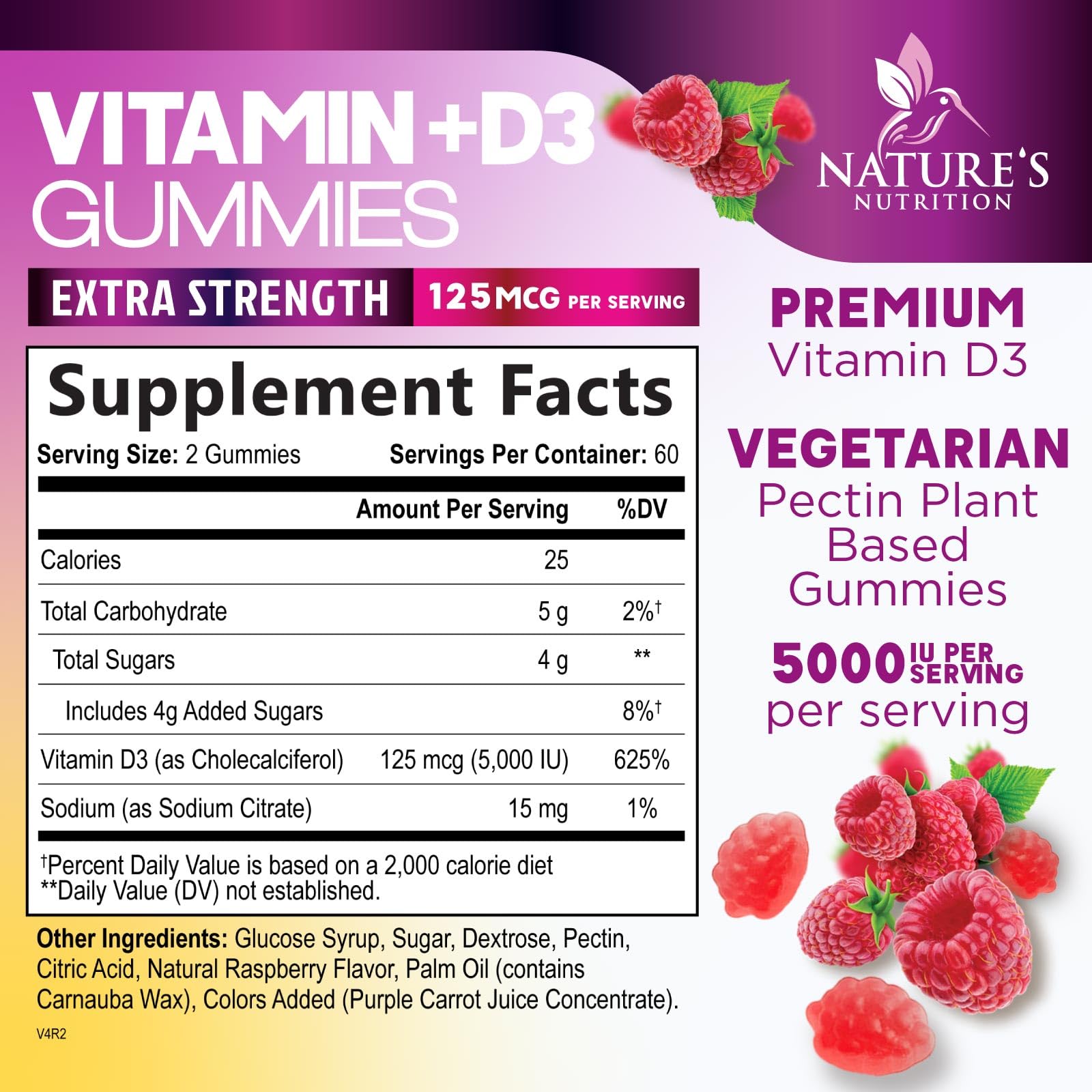 Gomitas de Suplemento de Vitamina D - Vitamina D3 125 mcg 5000 UI por porción - Soporte para la salud de huesos, dientes, músculos e inmunológica para hombres y mujeres, Vitamina D3 premium natural y libre de gluten - 120 gomitas 2