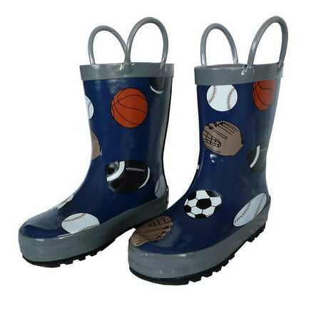 Foxfire for Kids 600-14 Navy Rubber Boot with Gray Trim and Baseball Football Soccer and Basketball