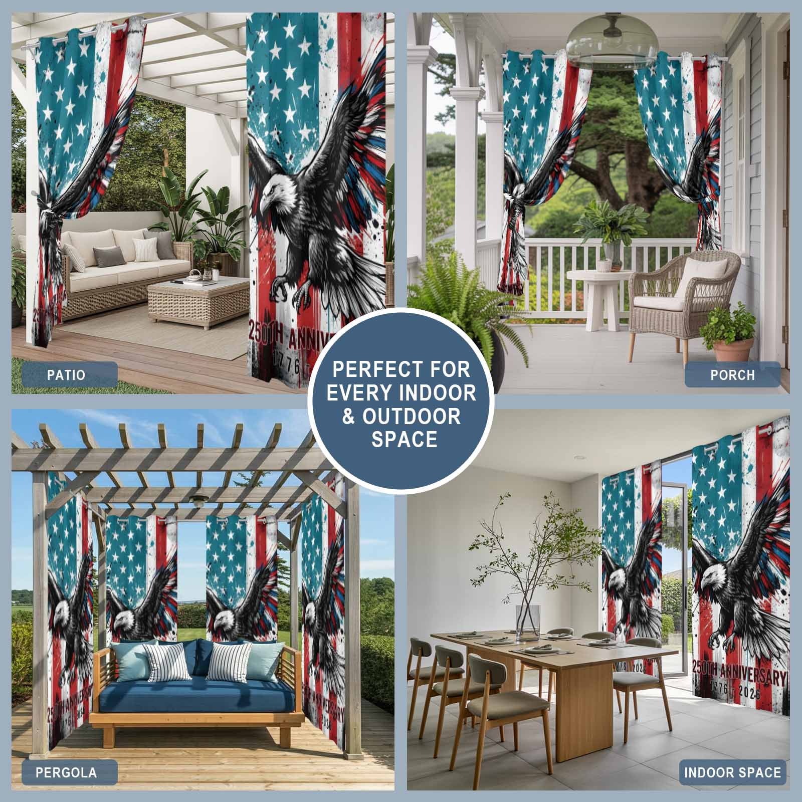 Independence Day Outdoor Curtains for Patio, American Flag Bald Eagle 250th Anniversary Sunshade Privacy Drapes Grommet Waterproof Outside Curtains for Porch/Cabana/Balcony 54"x 108", 1 Panel