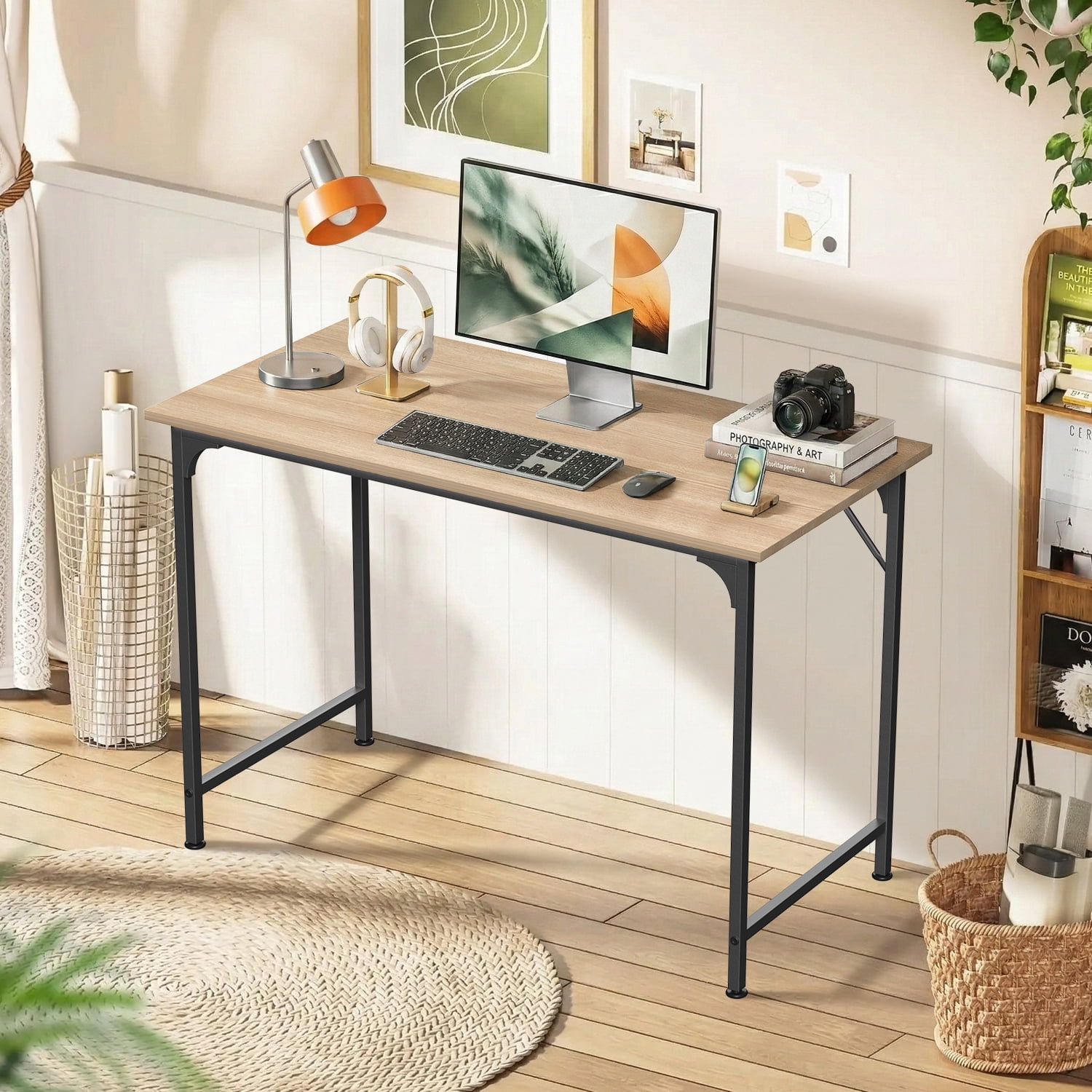 Computer Desk, 39'' Study Writing Table for Small Space, Save Space Office Desk with Metal Legs, Modern Steel Frame Wood PC Workstation for Home Office, Natural