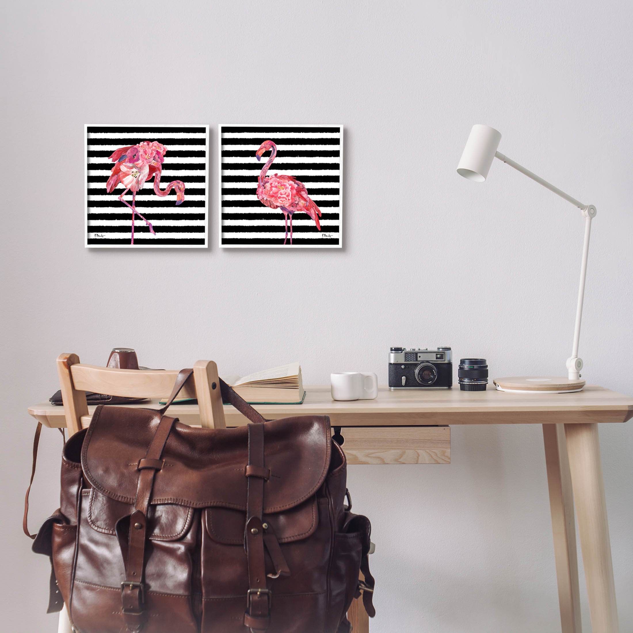 Bold Striped Flamingo Blossoms Animals & Insects Graphic Art White Framed Art Print Wall Art, Set of 2