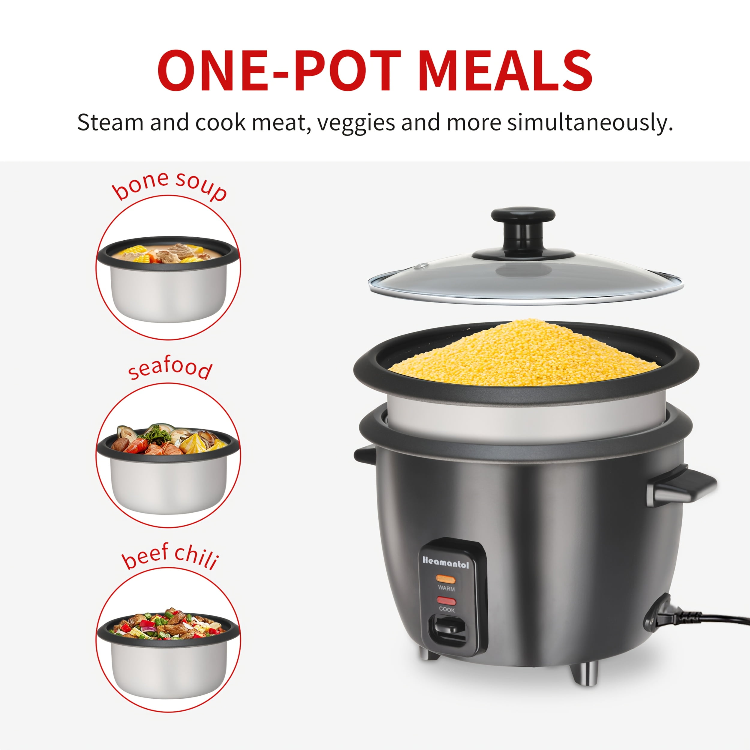 [6-Cup Rice Cooker] 6-Cup Rice Cooker | Detachable Nonstick Pot | Yogurt Maker, Automatic Keep Warm, 1.5 Quarts, 3 Cups Uncooked, One-Touch Operation