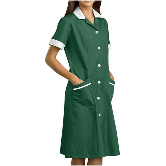 Sevevn Women's Solid Color With Pockets Button Splicing Lapel Caregiver Dress Nurse Dress Work Midi Dress