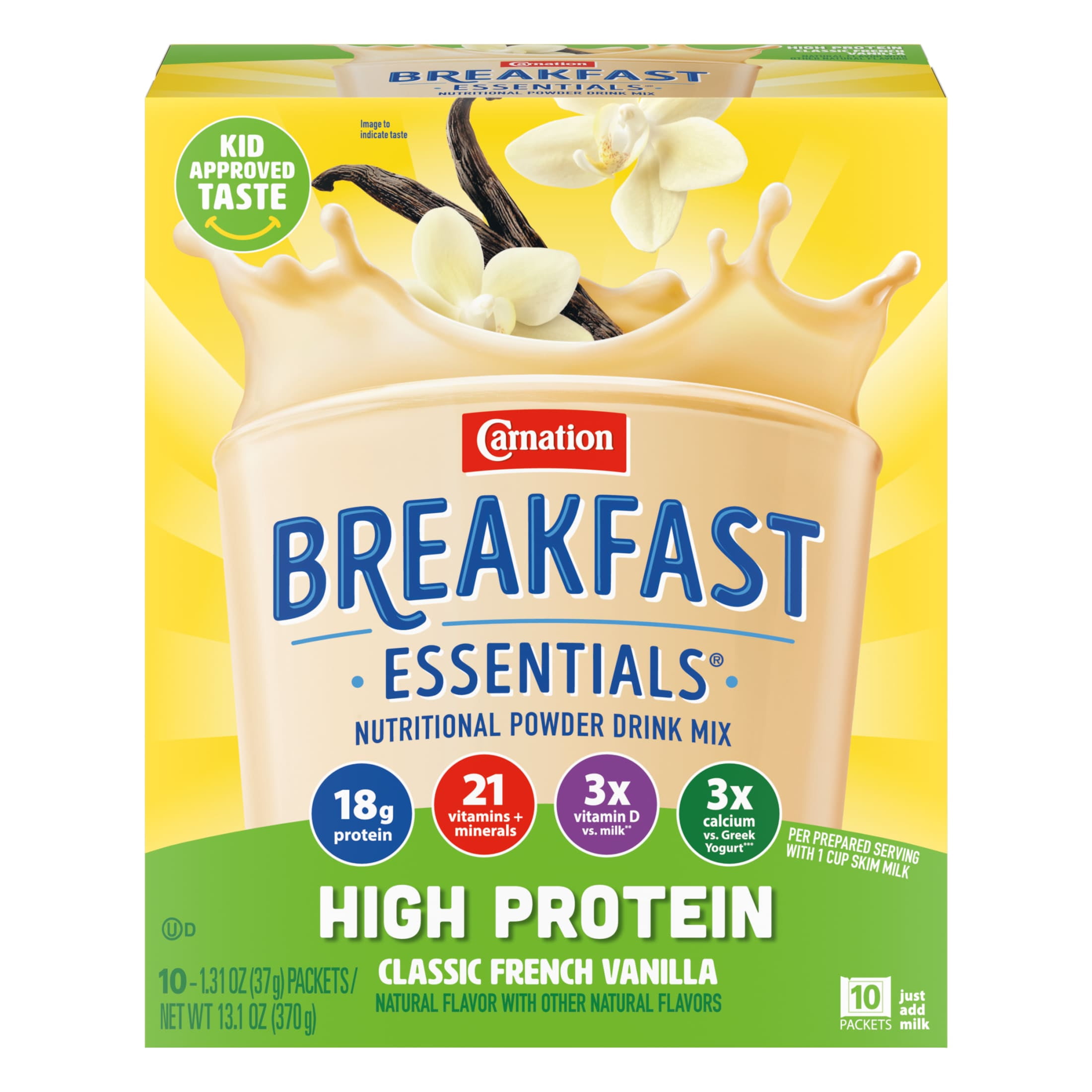 Carnation Breakfast Essentials Powder High Protein Nutritional Shake Drink Mix Packets, Classic French Vanilla Breakfast Shake, 10 Count