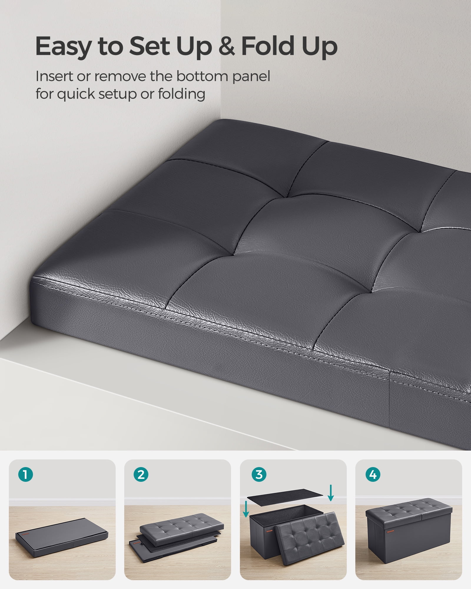 SONGMICS 30" Storage Ottoman Bench Folding Leather Ottoman Storage Footrest Hold up to 660lb Dark Gray