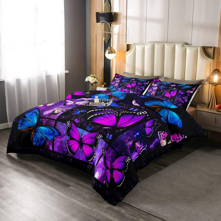 Purple Butterfly Quilt Set Full Size - Lightweight Microfiber Bedspread 3-Piece For All Seasons